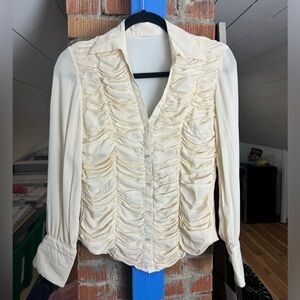 Vintage 100% Silk Ivory Pleated Button Down
